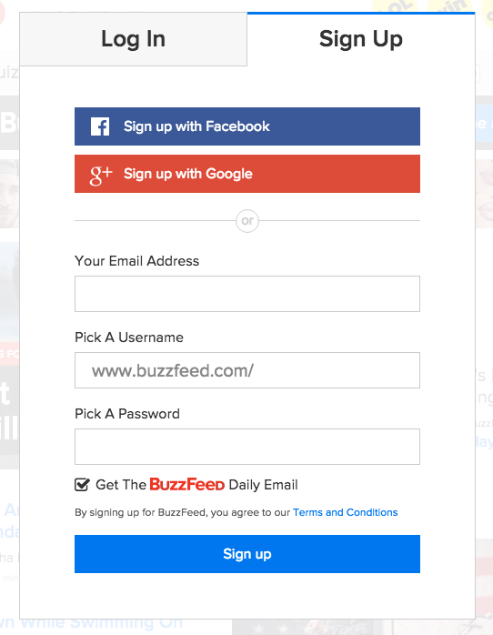 Buzzfeed allows users to connect with Facebook and with Google+ along with creating a unique account with their email (buzzfeed.com)