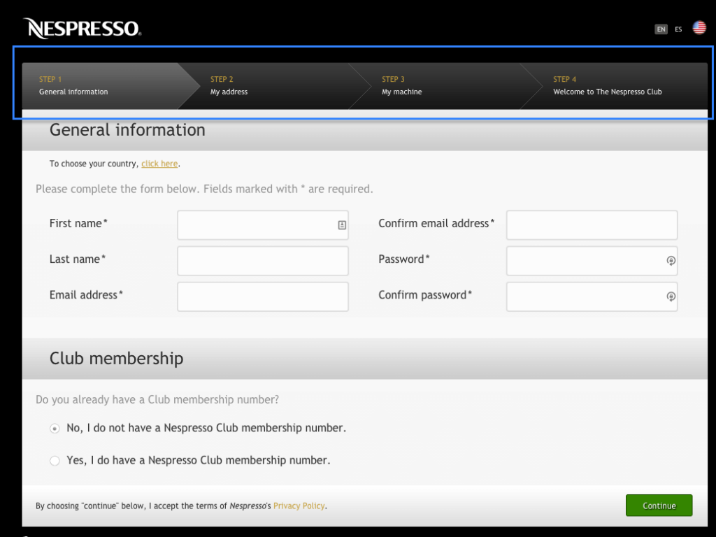 Nespresso wants a lot of information when you sign up, but they have a sleek progress bar at the top to tell you how far along you are!