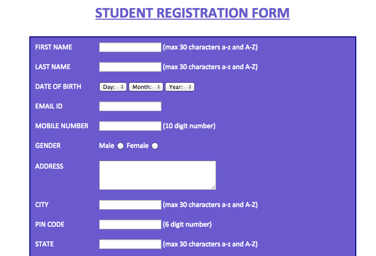 Student Registration Form Help Example